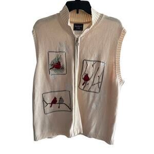 Southern Lady Woman Full Zip Cream Red Cardinal Embroidered Sweater Vest Size XL